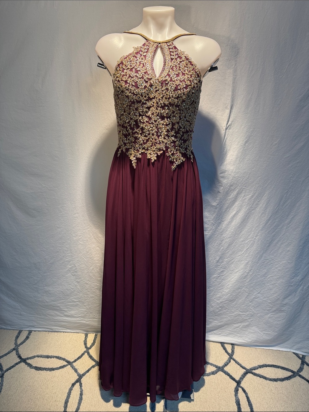 Anny Lee Burgundy Prom Gown with Gold Lace Bodice